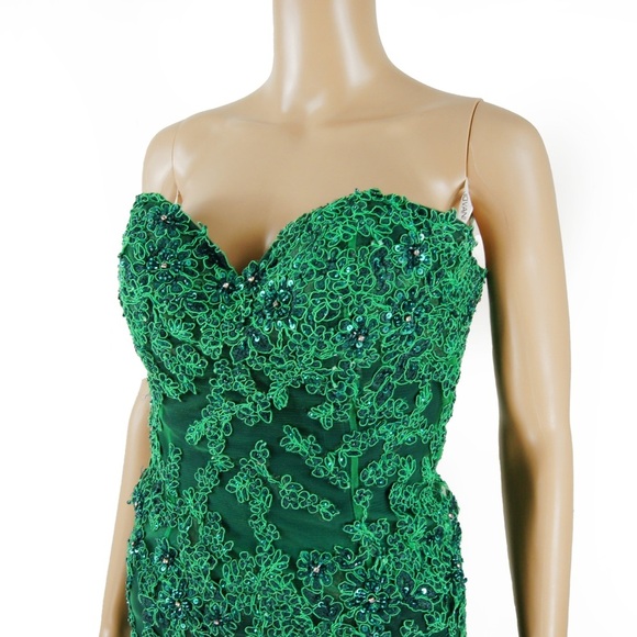 Vintage Y2k Strapless Floral Emroirdered Lace Mesh Maxi Long Train Green Dress - Picture 2 of 5